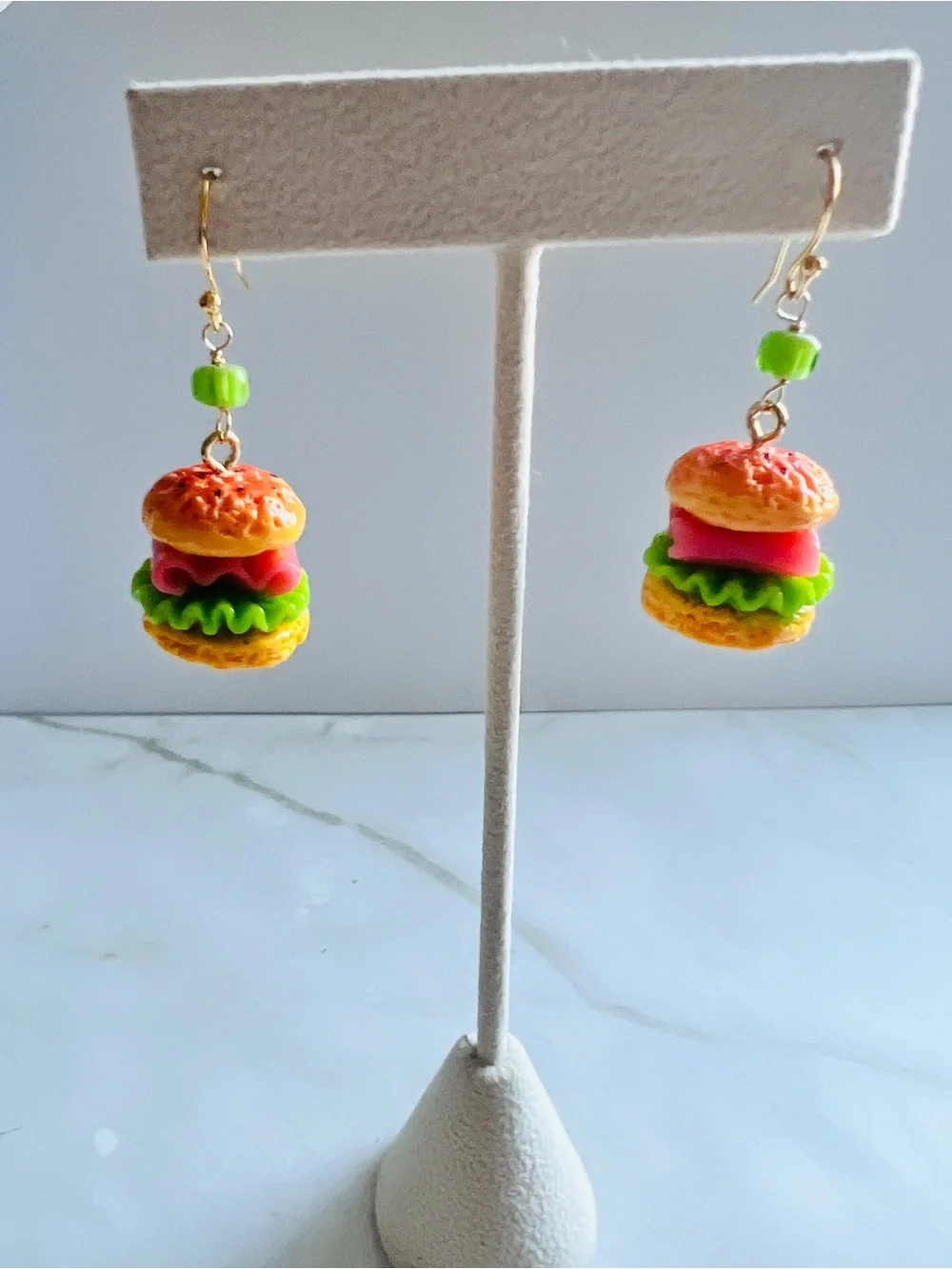 Novelty Miniature Burger Dangle Earrings in Green & Gold Tone